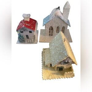 Bethany Lowe Putz 3 pc ornaments cardboard glitter village EUC